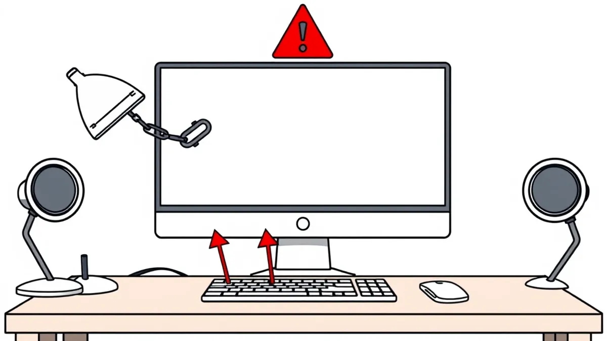 Illustration: A red warning triangle hovers above a generic desktop computer sitting on a wooden desk.