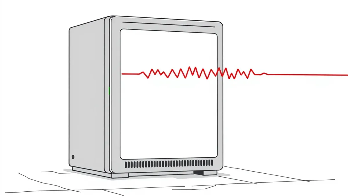 Illustration: A grey industrial server unit sits isolated on a concrete floor, its front panel featuring a blank touch screen and a single glowing green status light.