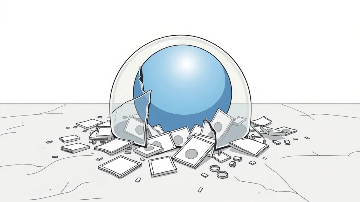 Illustration: A shattered glass dome lies on a concrete floor, cracked into three distinct jagged fragments.