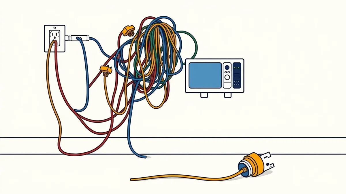 Illustration: A tangled mass of colorful extension cords snakes from a single wall socket to a row of disconnected household appliances, visually representing excessive and unneede