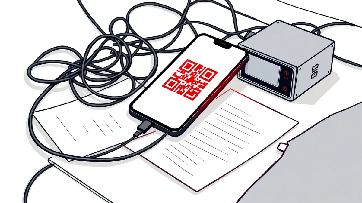 Illustration: A black smartphone rests on a cluttered wooden desk next to a tangled mass of charging cables.