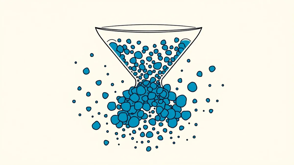 Illustration: A transparent glass funnel filters a chaotic stream of mixed-colored liquid.