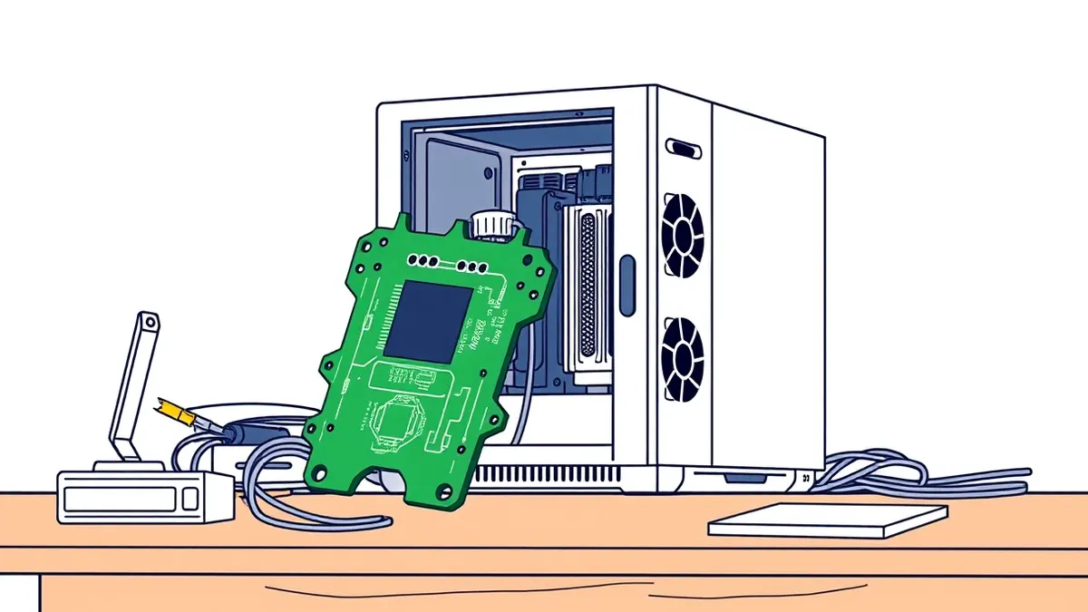 Illustration: A sleek white server box sits on a cluttered wooden desk, its metal case open to reveal internal circuit boards and fans.