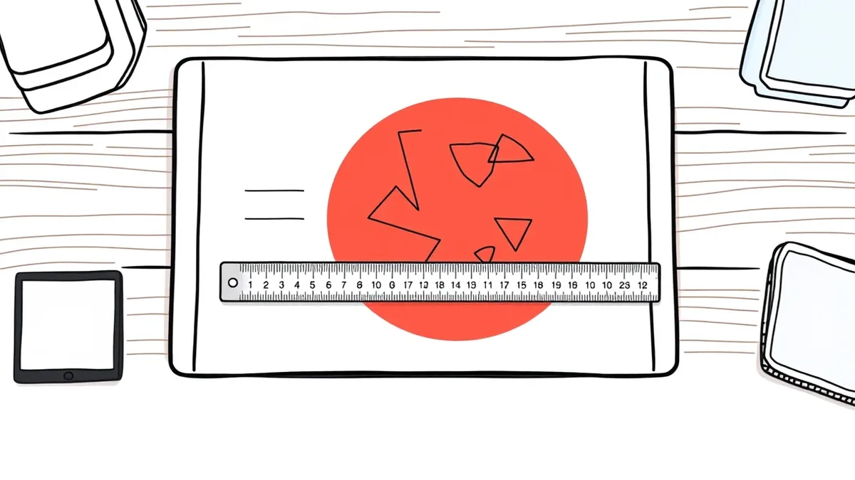 Illustration: A blank white report card rests on a wooden desk, marked only by a large red circle containing abstract geometric shapes.