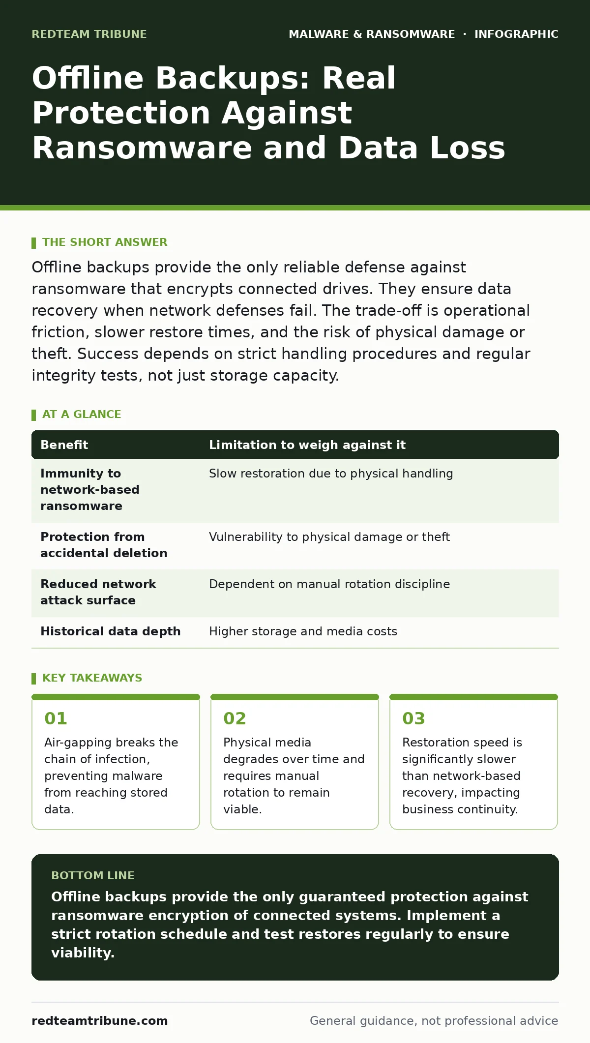 Infographic: Offline Backups: Real Protection Against Ransomware and Data Loss. Air-gapping breaks the chain of infection, preventing malware from reaching stored data. Physical media degrades over time and requires manual rotation to remain viable. Restoration speed is significantly slower than net