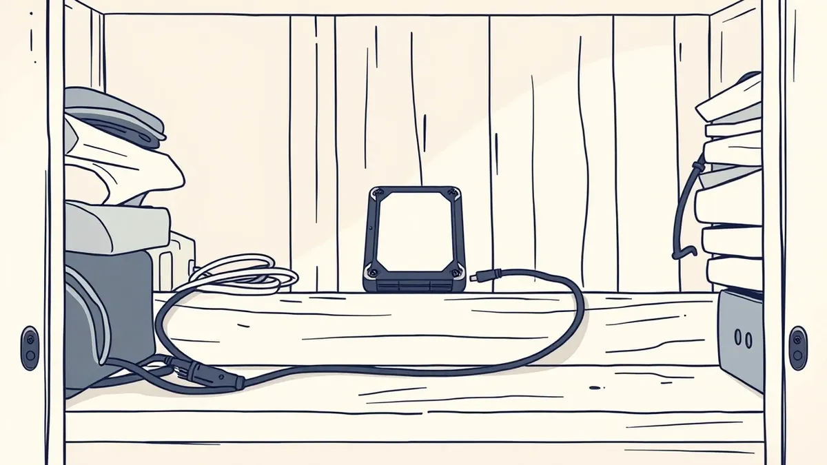 Illustration: A rugged, portable external hard drive rests alone on a dusty wooden shelf in a dim, cluttered storage closet.