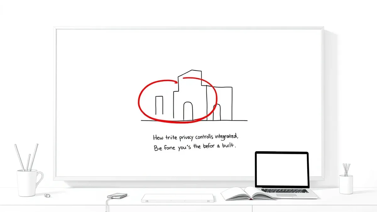 Illustration: A whiteboard displays a clean architectural diagram with abstract shapes representing data flow.