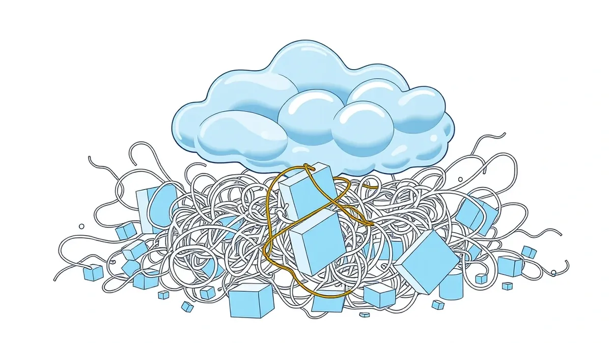 Illustration: A floating, amorphous cloud of translucent blue vapor hovers over a chaotic tangle of twisting white fibers and shifting geometric blocks.