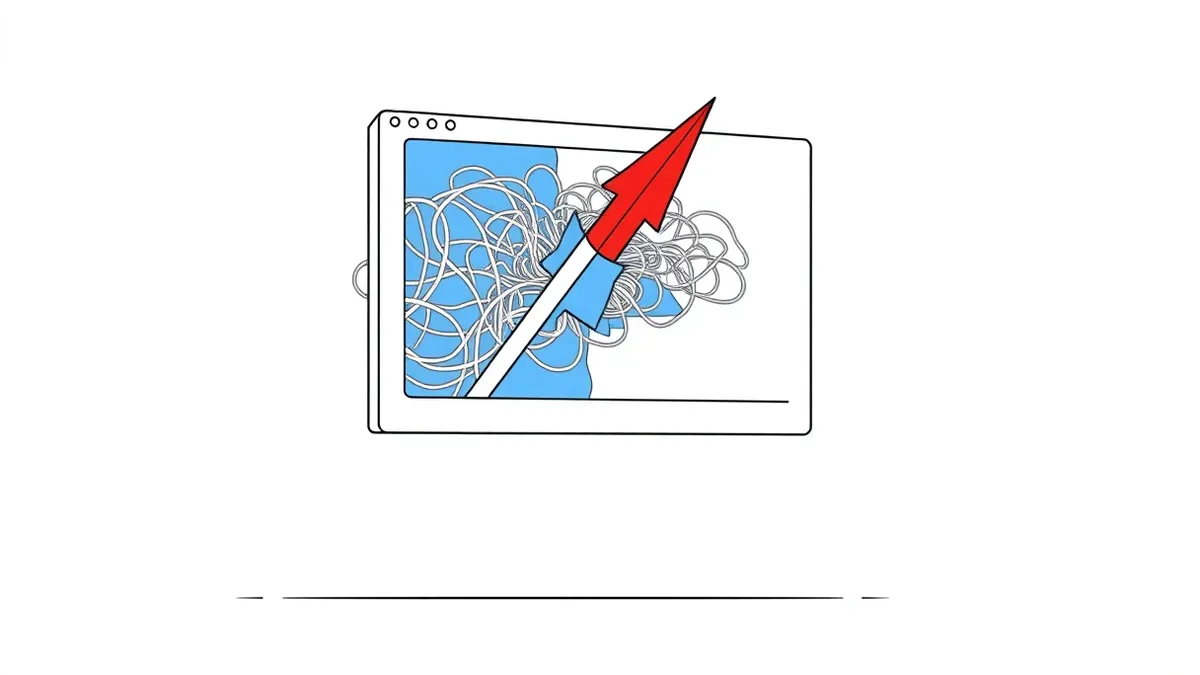Illustration: A white software development window floats in mid-air, its interior filled with chaotic, tangled grey lines that twist into a sharp, jagged arrow piercing through a s