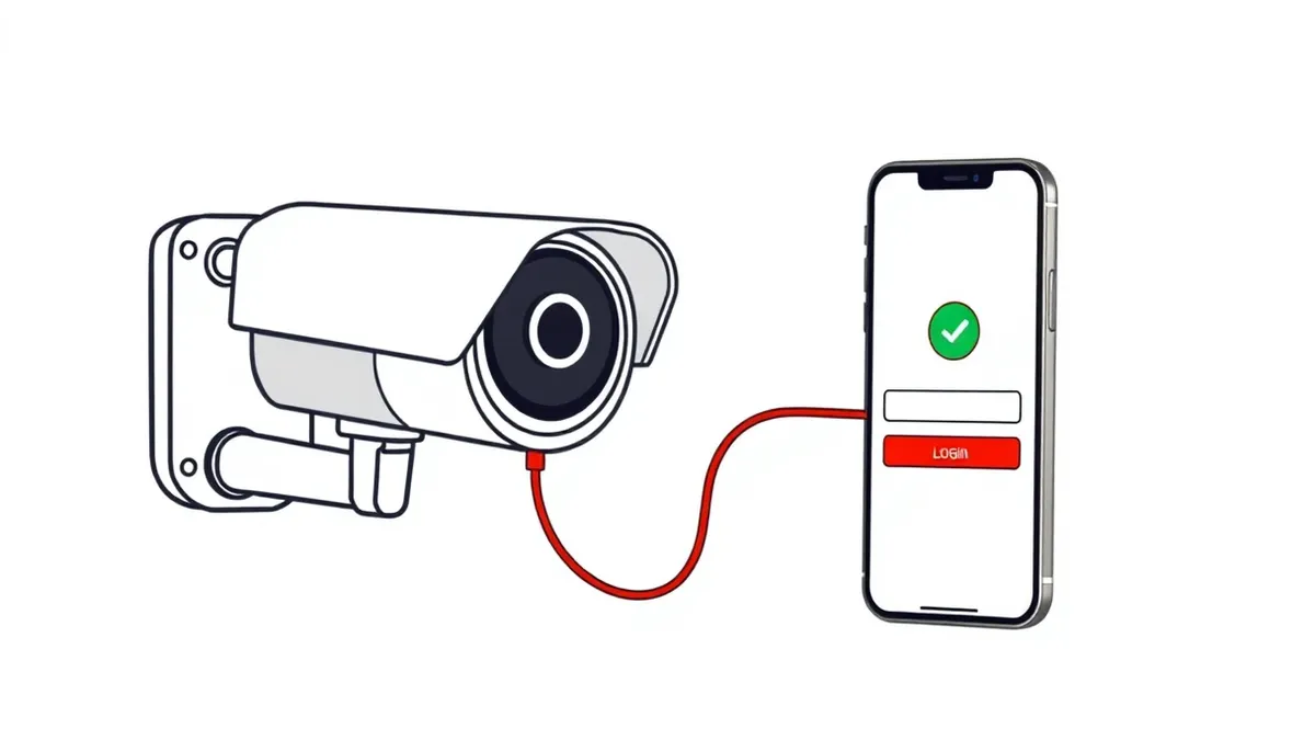 Illustration: A generic security camera sits on a wall next to an open smartphone displaying a blank login screen with a prominent green checkmark.