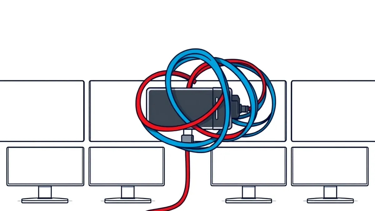 Illustration: A tangled knot of blue and red cables connects a small black backup drive to a cluster of blank white monitor screens.