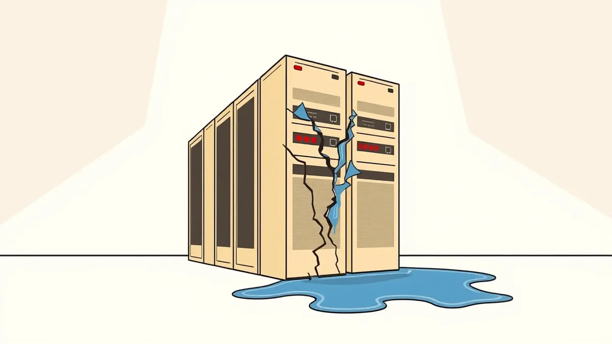 Illustration: A stack of beige server towers sits in a dim room, with red warning lights blinking on the front panels.