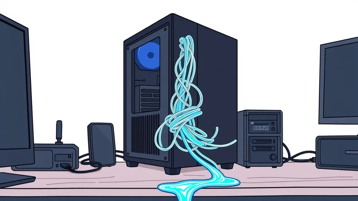 Illustration: A sleek black server tower sits on a cluttered desk with its side panel removed.