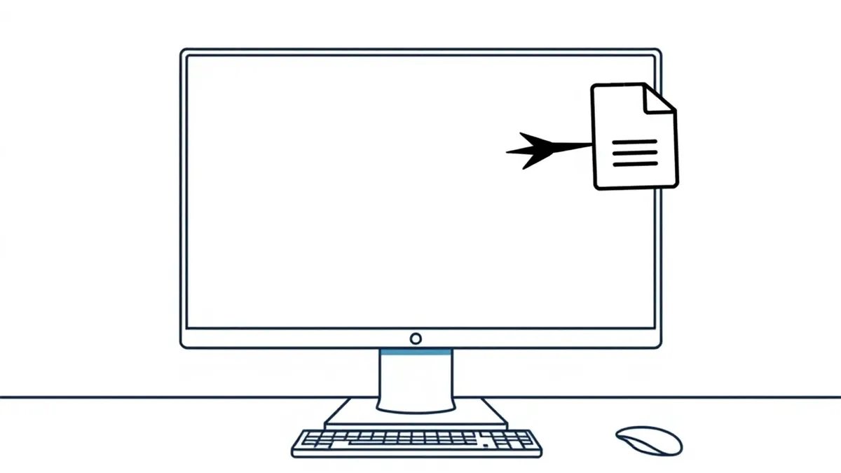 Illustration: A sleek white computer monitor displays a blank white document icon with a generic blue outline.