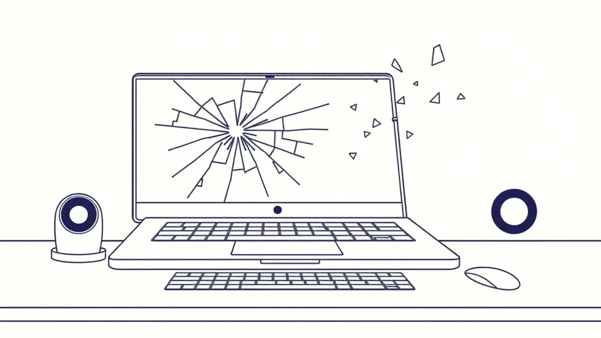 Illustration: A sleek Windows 11 laptop sits on a minimalist desk, its screen displaying a fragmented, shattered glass effect that symbolizes the memory corruption flaw.