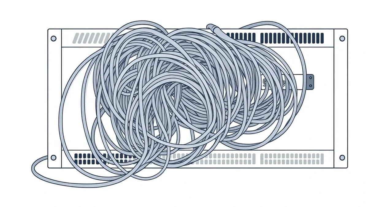 Illustration: A tangled nest of grey network cables snakes into the ports of a white server blade.