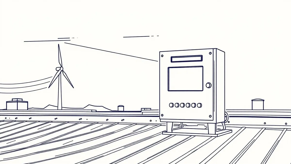 Illustration: A generic industrial control panel with blank buttons sits exposed on a windy rooftop next to a small wind turbine.