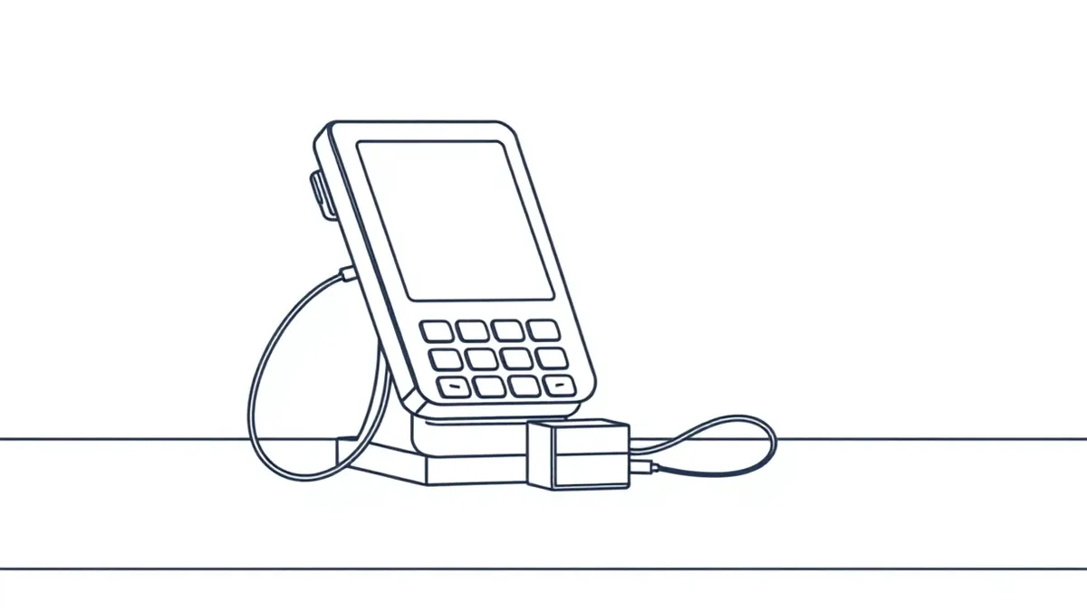 Illustration: A sleek retail card terminal sits on a checkout counter with a blank screen.
