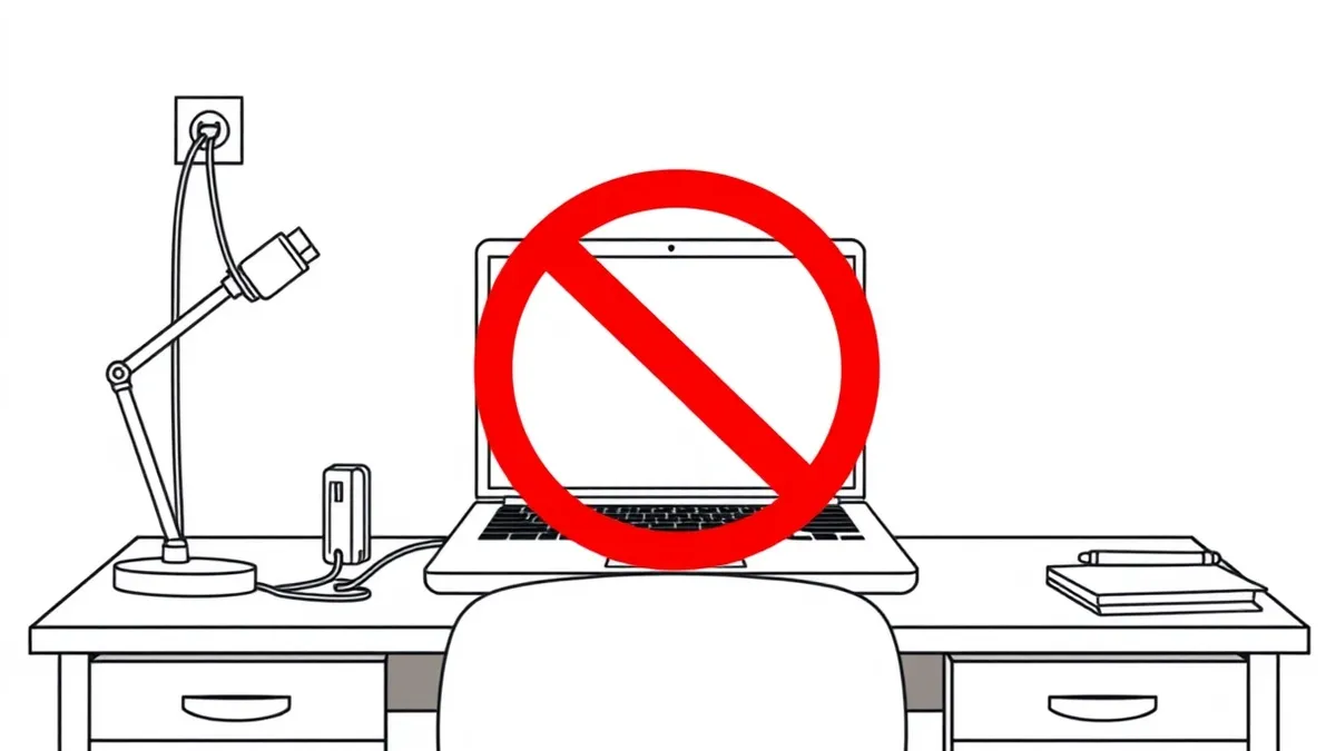 Illustration: A federal office desk holds a disconnected laptop with blank screen.