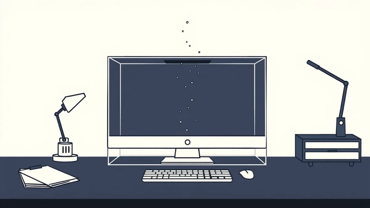 Illustration: A transparent geometric box sits on a dark desk, containing tiny abstract shapes that drift slowly upward through a narrow slit.