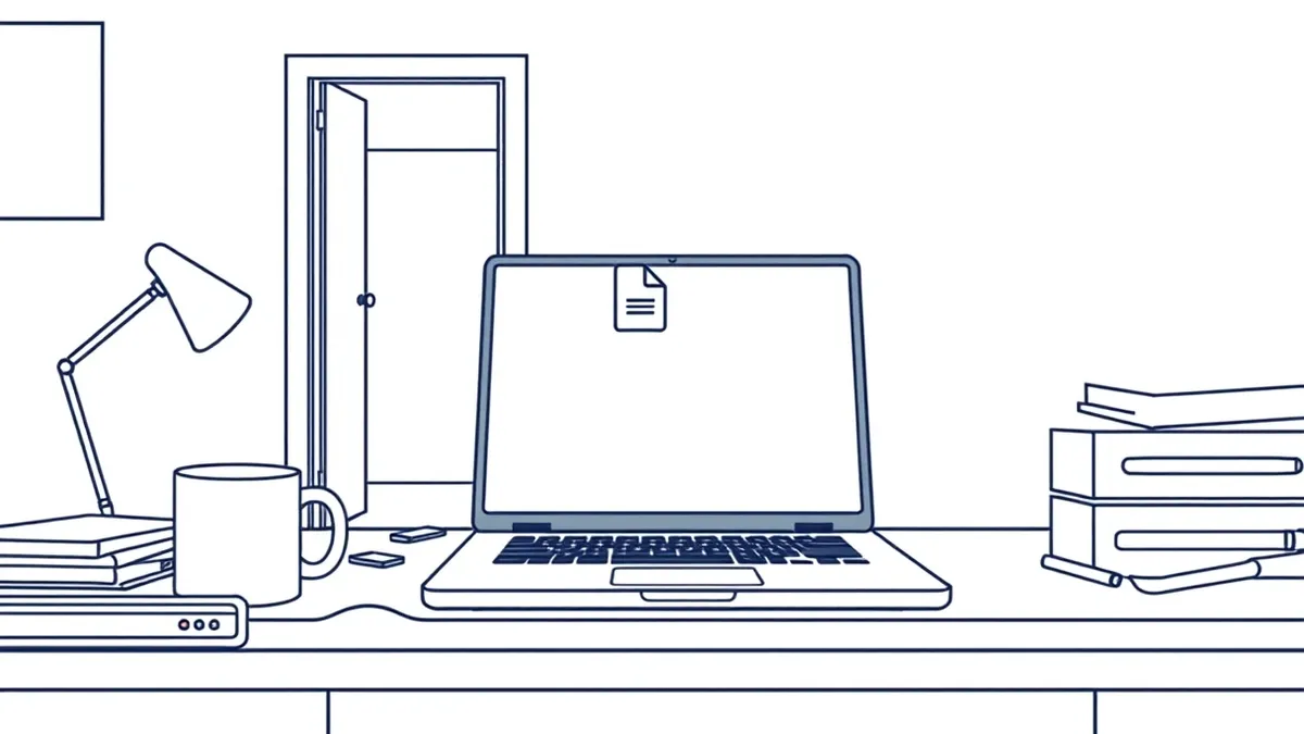 Illustration: An open laptop sits on a cluttered office desk next to a half-empty coffee mug.