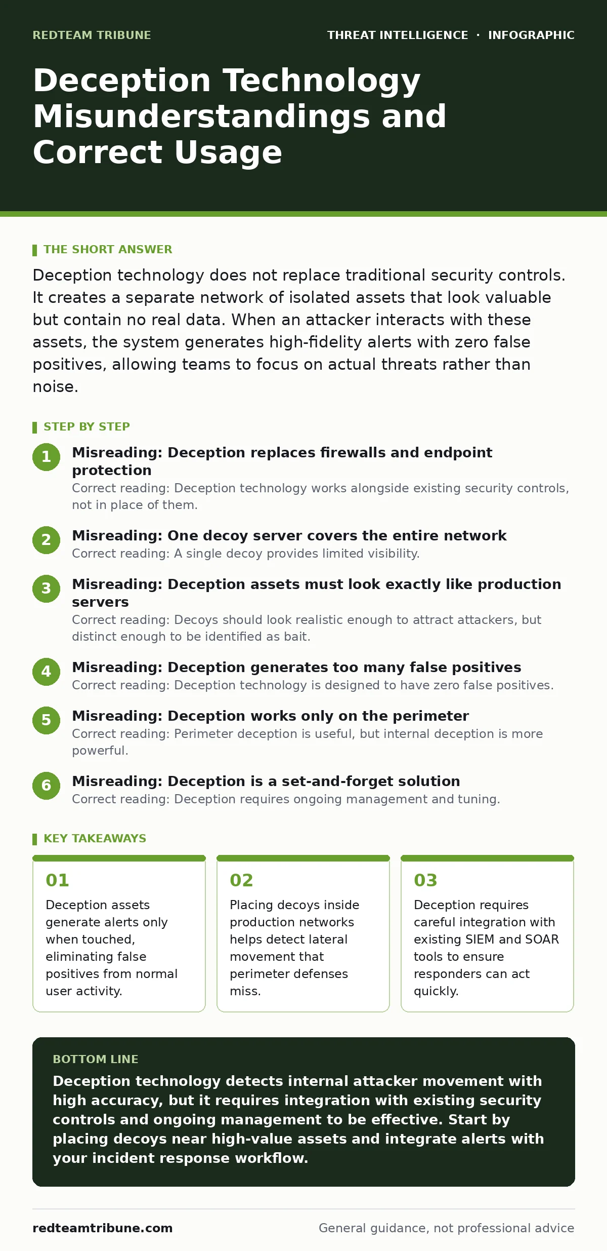 Infographic: Deception Technology Misunderstandings and Correct Usage. Deception assets generate alerts only when touched, eliminating false positives from normal user activity. Placing decoys inside production networks helps detect lateral movement that perimeter defenses miss. Deception requires c