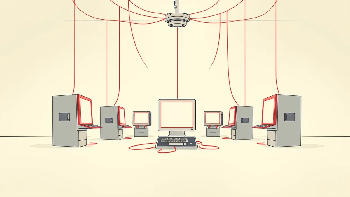 Illustration: A cluster of isolated computer terminals sits in a dark, empty room, each surrounded by a faint, translucent bubble.