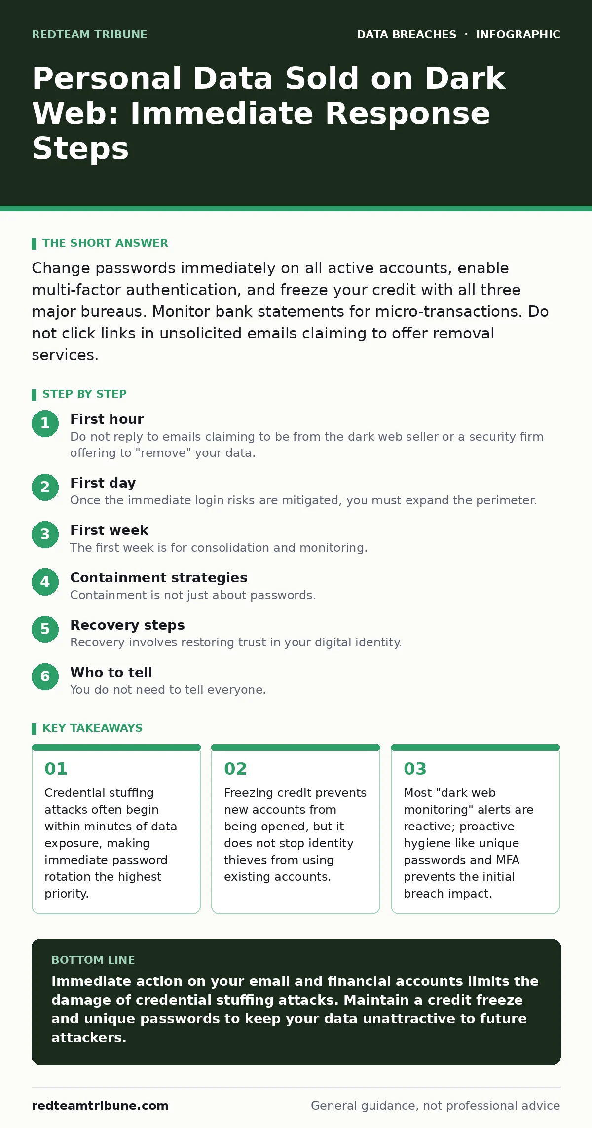 Infographic: Personal Data Sold on Dark Web: Immediate Response Steps. Credential stuffing attacks often begin within minutes of data exposure, making immediate password rotation the highest priority. Freezing credit prevents new accounts from being opened, but it does not stop identity thieves from