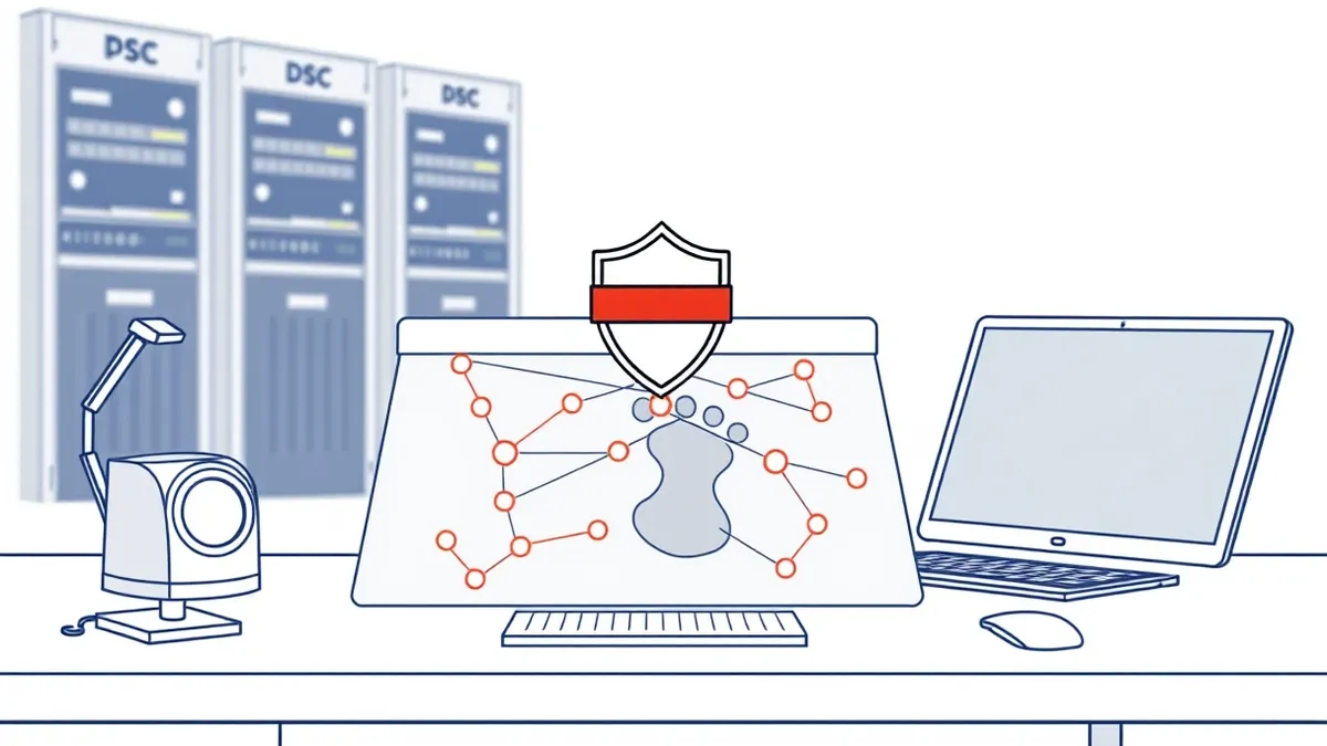 Illustration: A digital footprint map sits on a desk, showing glowing connections between various nodes.