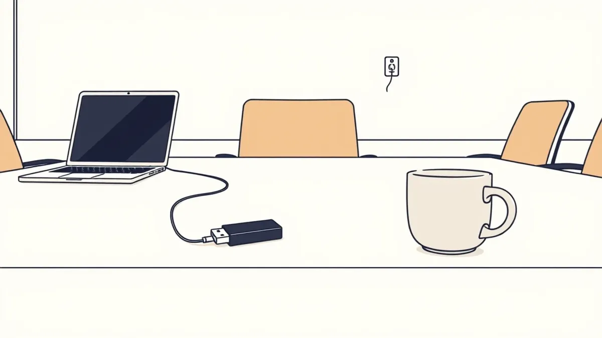 Illustration: A small black USB drive rests on a polished wooden conference table next to a blank laptop and a ceramic coffee mug.