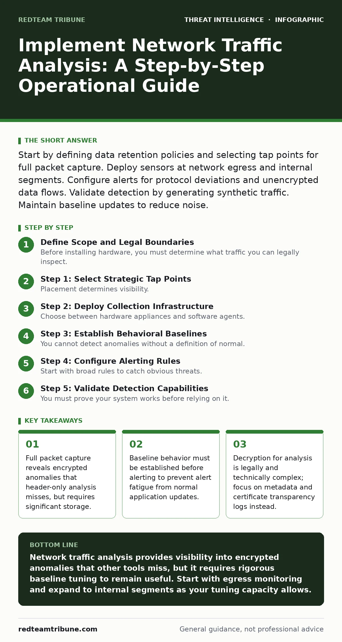 Infographic: Implement Network Traffic Analysis: A Step-by-Step Operational Guide. Full packet capture reveals encrypted anomalies that header-only analysis misses, but requires significant storage. Baseline behavior must be established before alerting to prevent alert fatigue from normal applicatio
