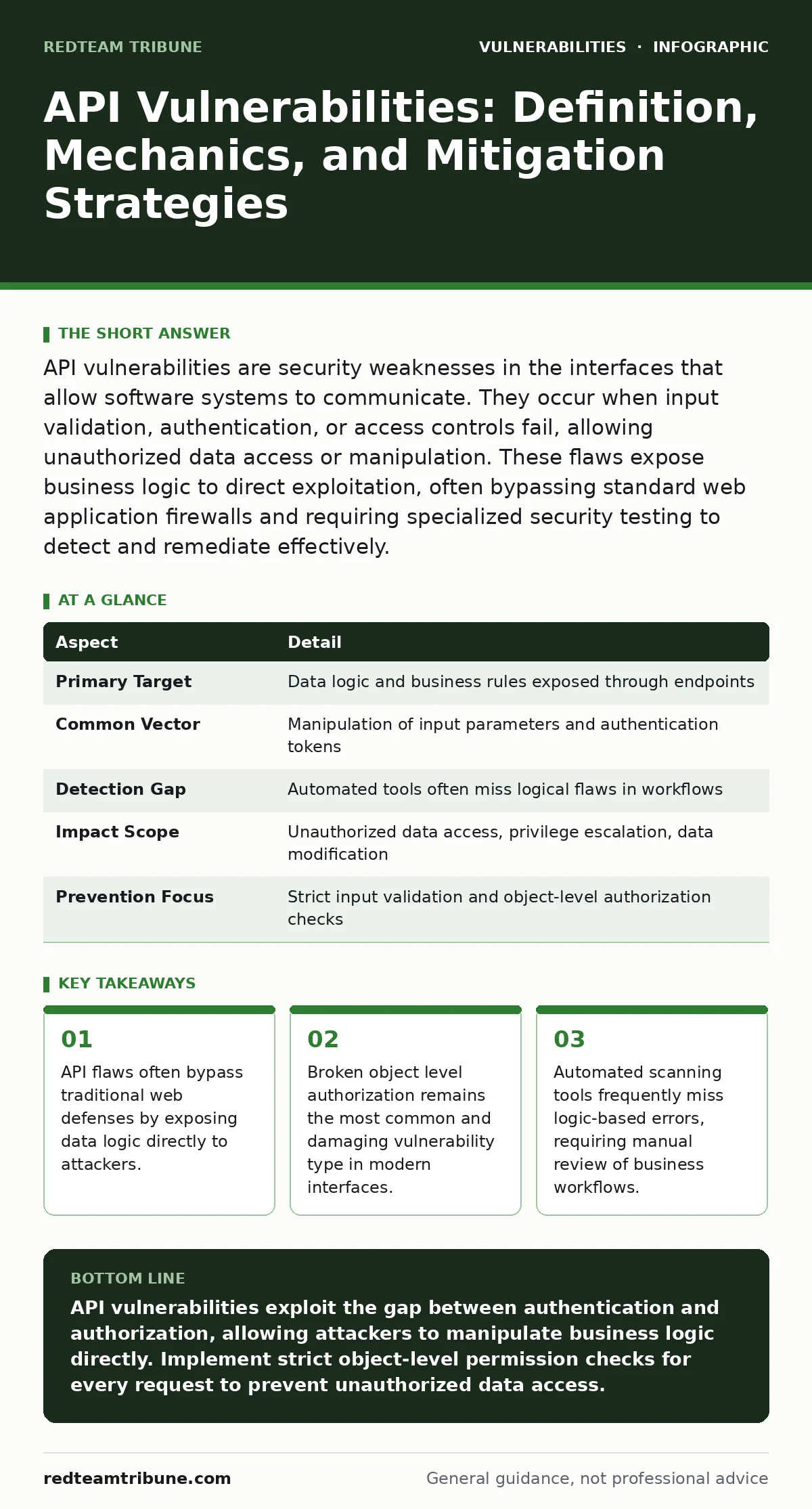 Infographic: API Vulnerabilities: Definition, Mechanics, and Mitigation Strategies. API flaws often bypass traditional web defenses by exposing data logic directly to attackers. Broken object level authorization remains the most common and damaging vulnerability type in modern interfaces. Automated