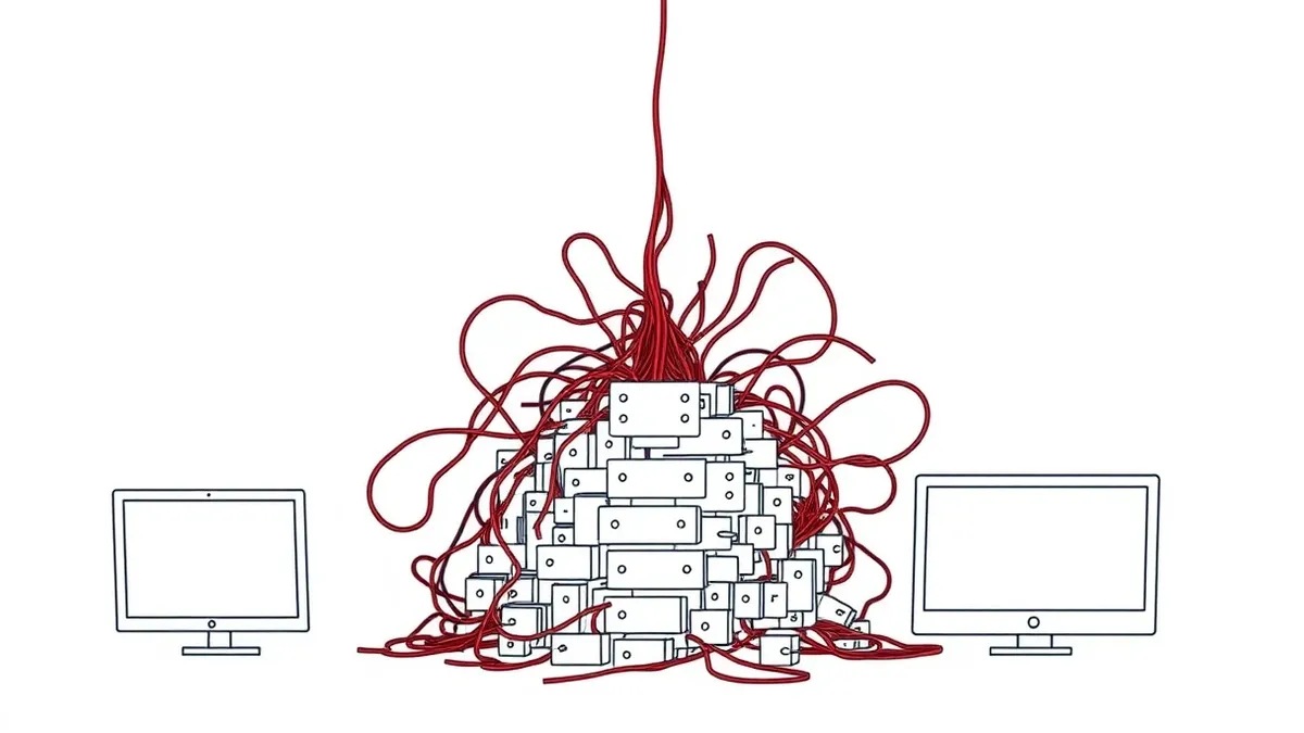 Illustration: A tangled knot of digital threads connects a clean geometric interface to a chaotic pile of raw data blocks.