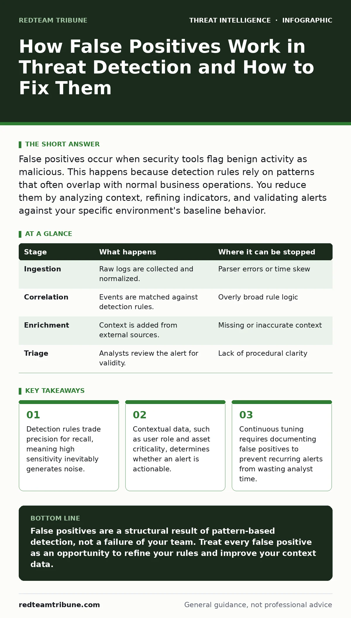 Infographic: How False Positives Work in Threat Detection and How to Fix Them. Detection rules trade precision for recall, meaning high sensitivity inevitably generates noise. Contextual data, such as user role and asset criticality, determines whether an alert is actionable. Continuous tuning requi
