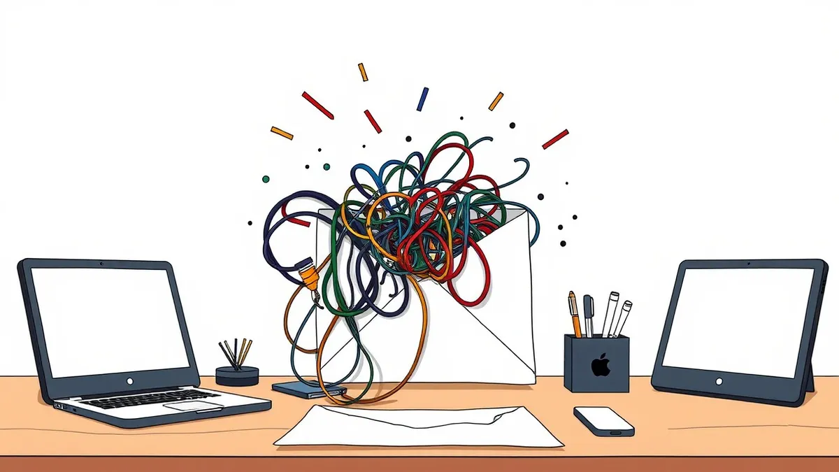 Illustration: A tangled knot of colorful rubber bands snaps open on a wooden desk, releasing jagged shards of black plastic that slice through a pristine white paper envelope, reve