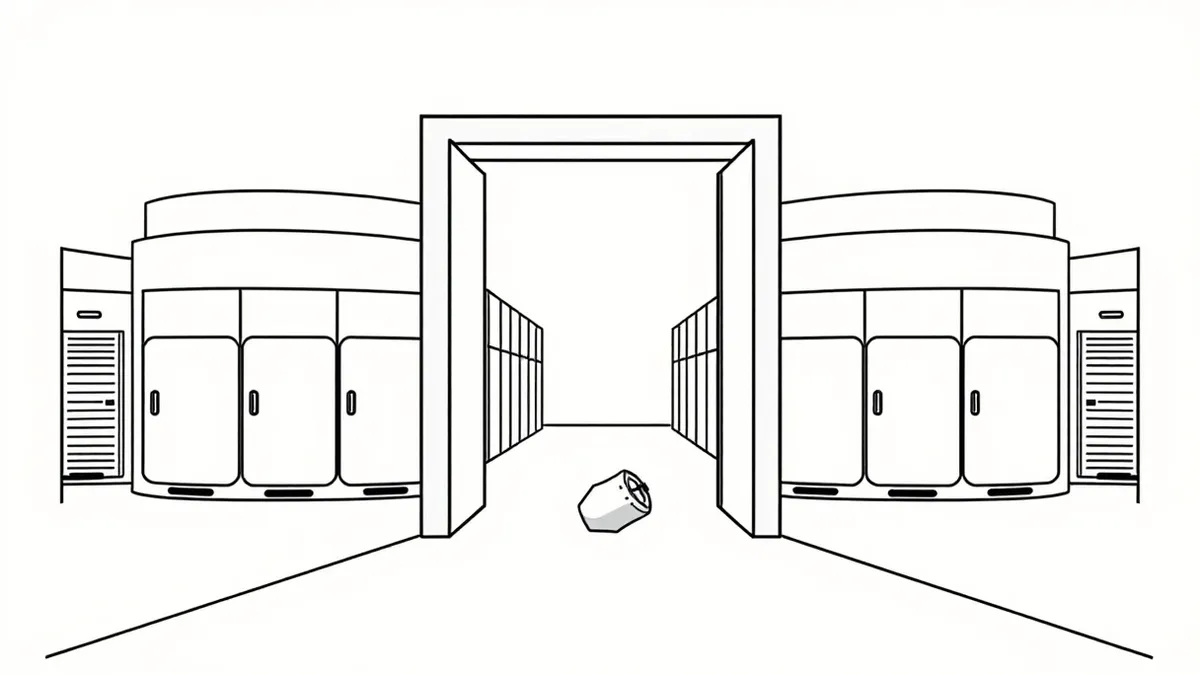 Illustration: A sleek, geometric gate stands before a cluster of smooth, cylindrical storage pods.
