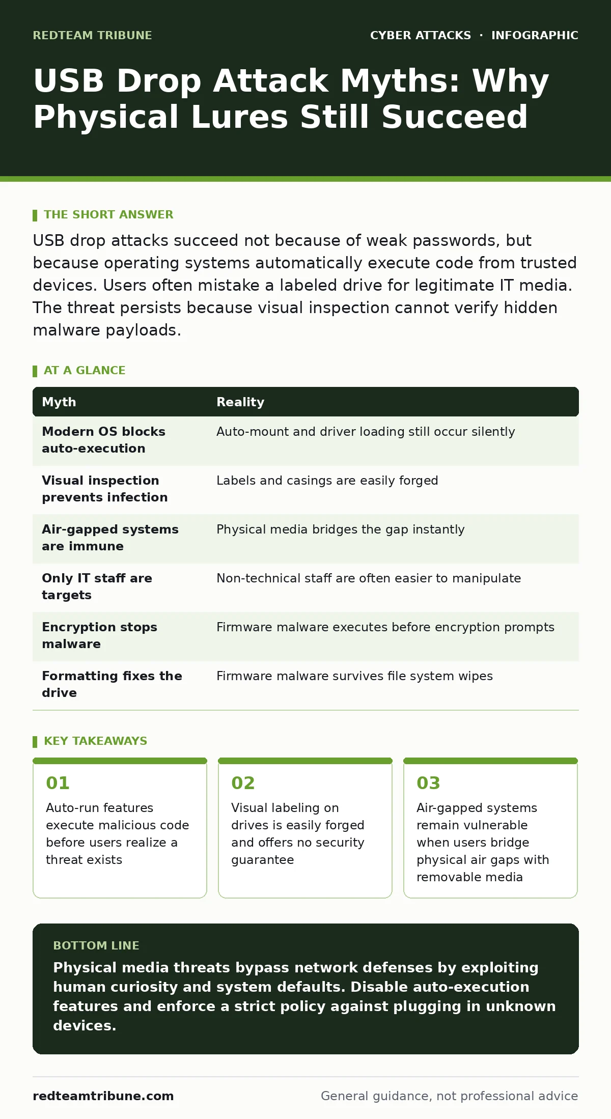 Infographic: USB Drop Attack Myths: Why Physical Lures Still Succeed. Auto-run features execute malicious code before users realize a threat exists Visual labeling on drives is easily forged and offers no security guarantee Air-gapped systems remain vulnerable when users bridge physical air gaps wit