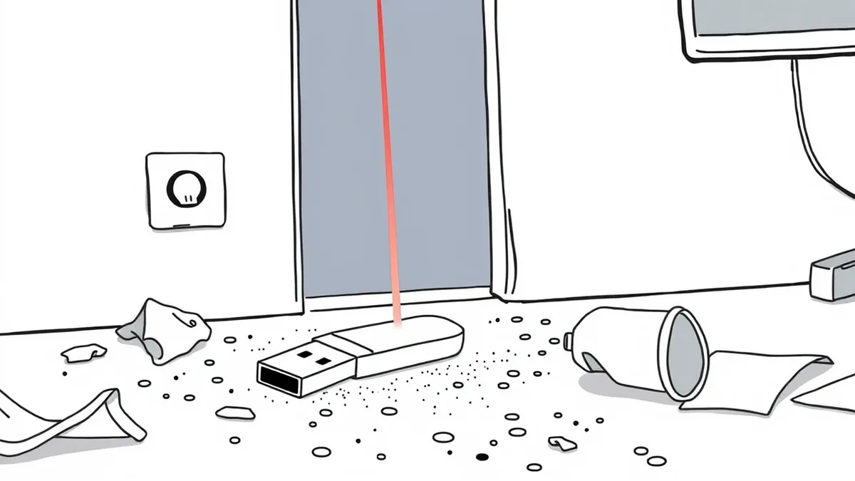 Illustration: A dusty office floor holds a discarded white USB flash drive near a power outlet.
