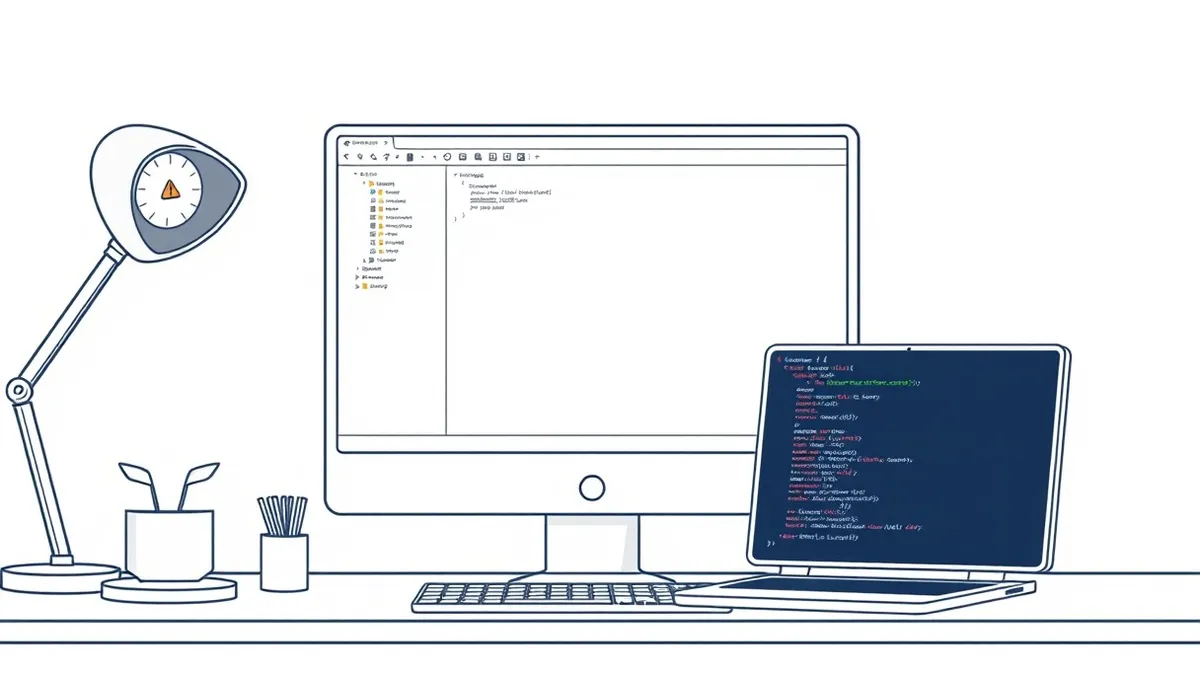 Illustration: A sleek software development interface sits on a desk, displaying a blank code editor window.