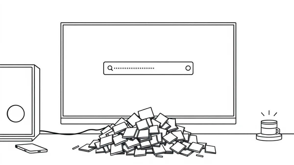 Illustration: A blank computer monitor displays a minimalist database interface with a single search field.