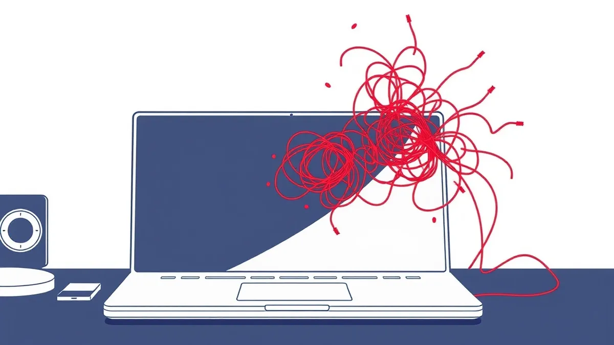 Illustration: A sleek silver laptop sits open on a dark desk, its blank screen reflecting ambient light.