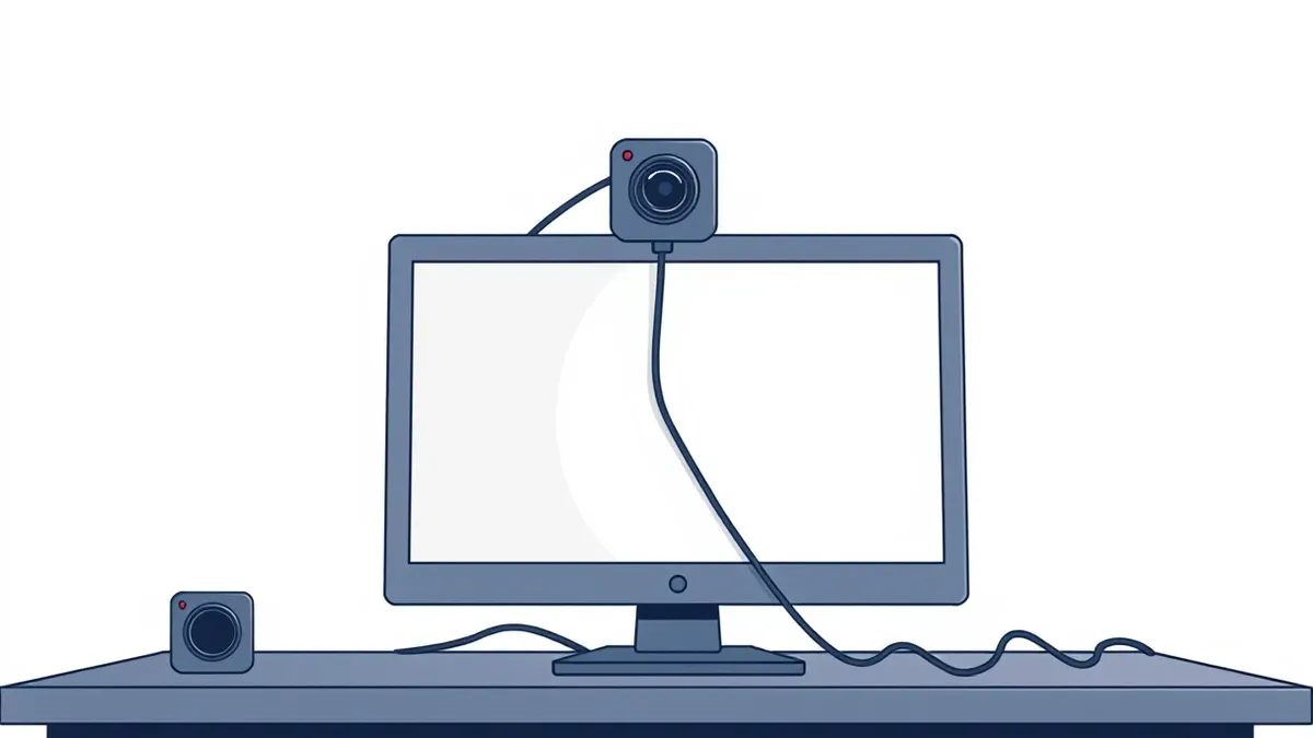 Illustration: A generic webcam sits on top of a blank computer monitor in a dimly lit room.