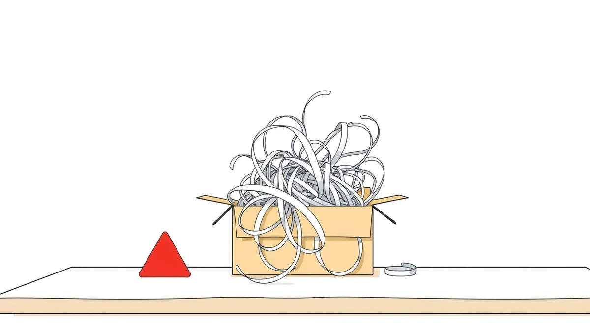 Illustration: A tangled knot of white paper strips spills from an open cardboard box onto a wooden desk.