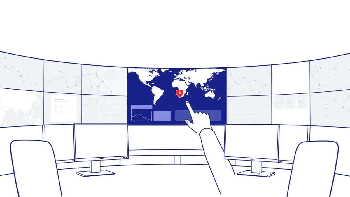 Illustration: A security operations center features a large curved wall of blank monitors displaying abstract network traffic patterns and threat maps.