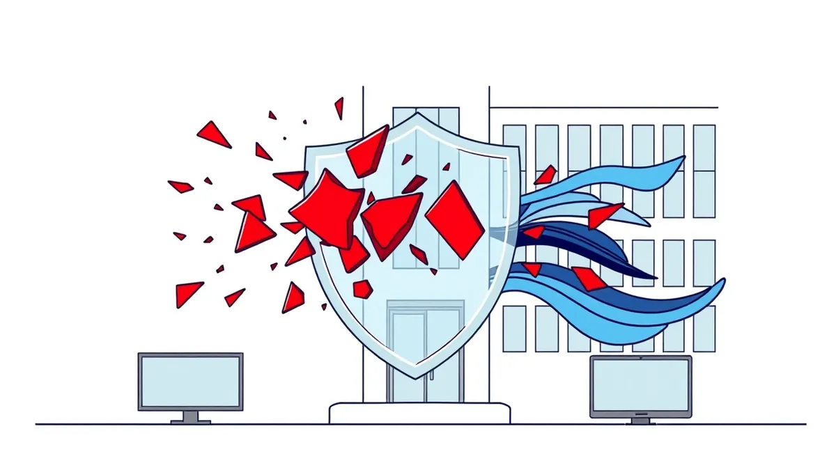 Illustration: A transparent shield hovers in front of a generic office building, intercepting jagged red shards mid-air.