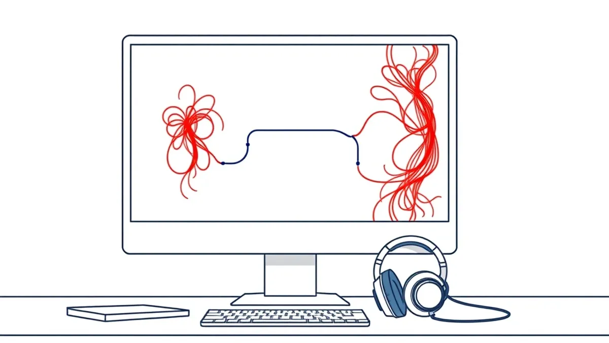 Illustration: A blank computer monitor displays an abstract flowchart with tangled red lines filtering into clean blue paths.