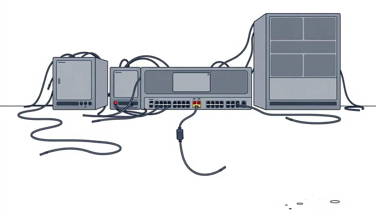 Illustration: A tangled web of loose cables connects several blank grey network switches and a central monitoring hub on a dusty floor.