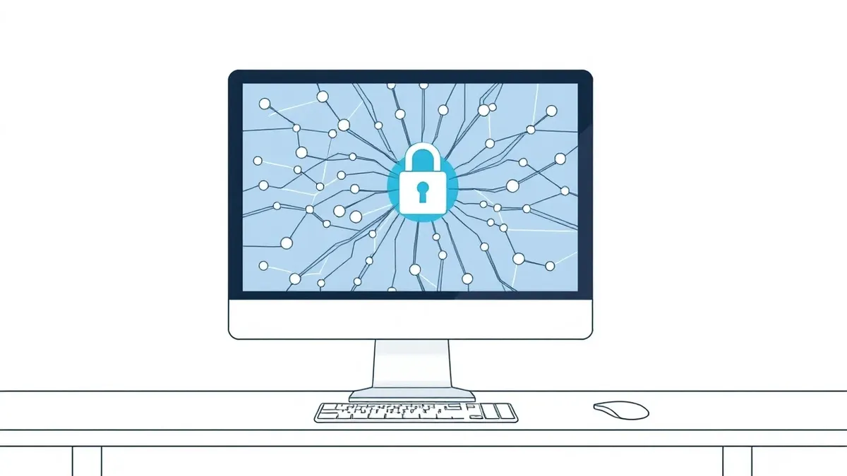 Illustration: A sleek desktop computer sits on a minimalist white desk, its monitor displaying a complex geometric web of interconnected nodes and flowing data streams.