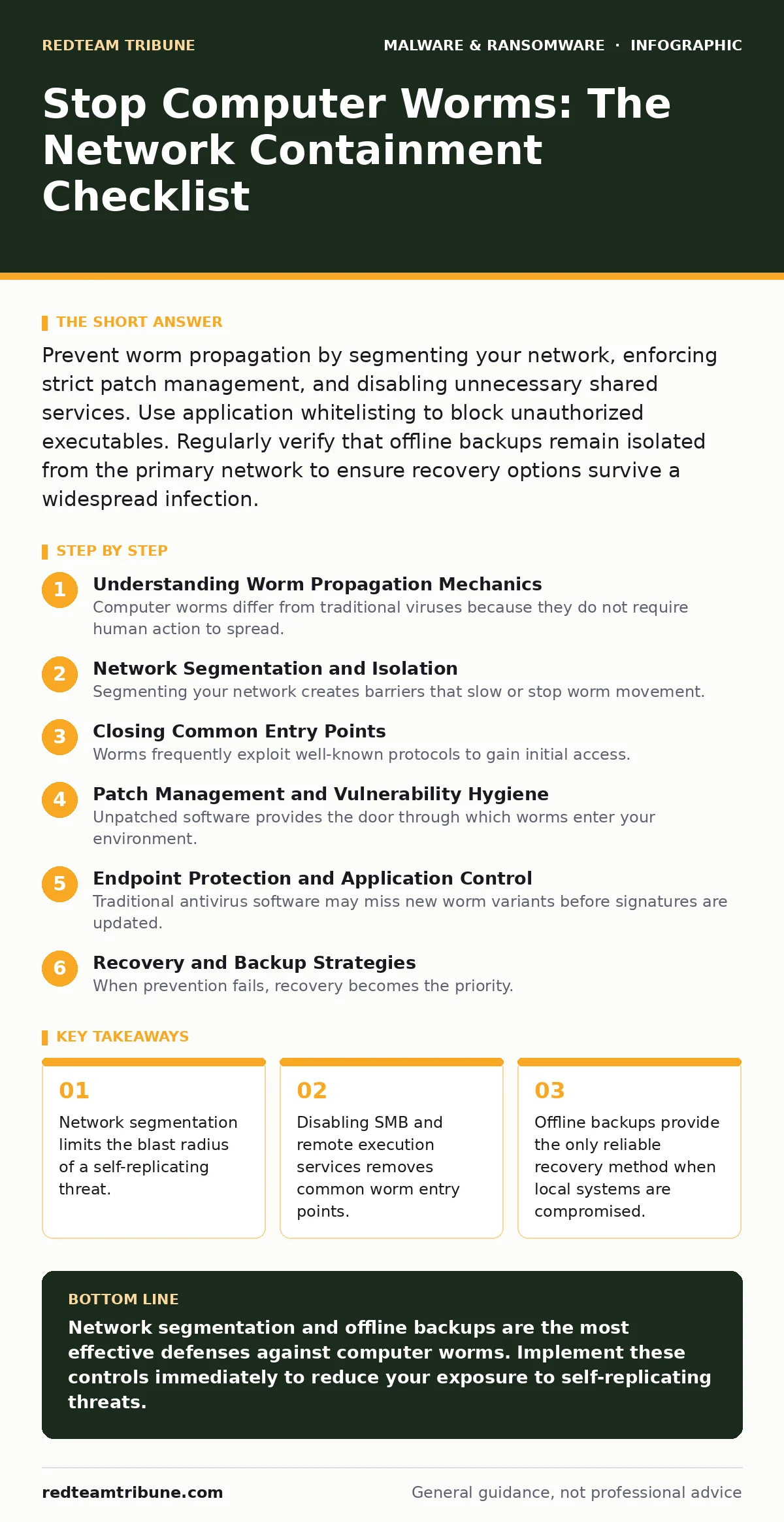 Infographic: Stop Computer Worms: The Network Containment Checklist. Network segmentation limits the blast radius of a self-replicating threat. Disabling SMB and remote execution services removes common worm entry points. Offline backups provide the only reliable recovery method when local systems a