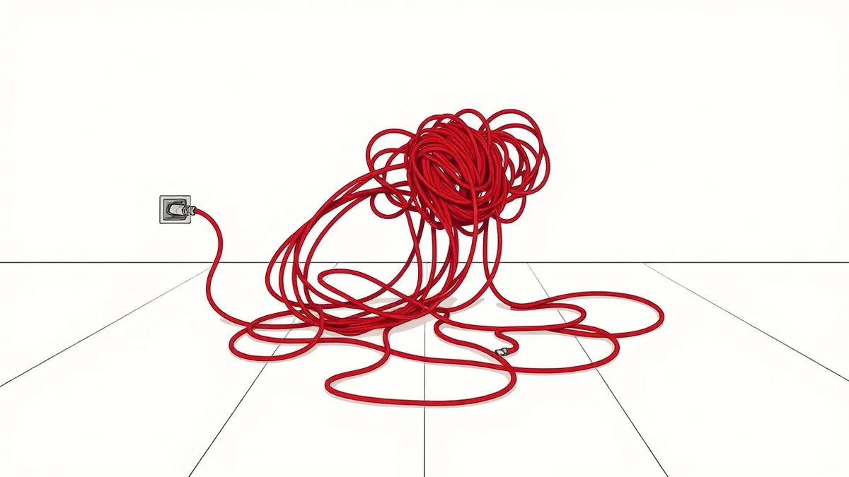 Illustration: A tangled ball of thick red cables spills out from a single network jack onto a sterile white floor.